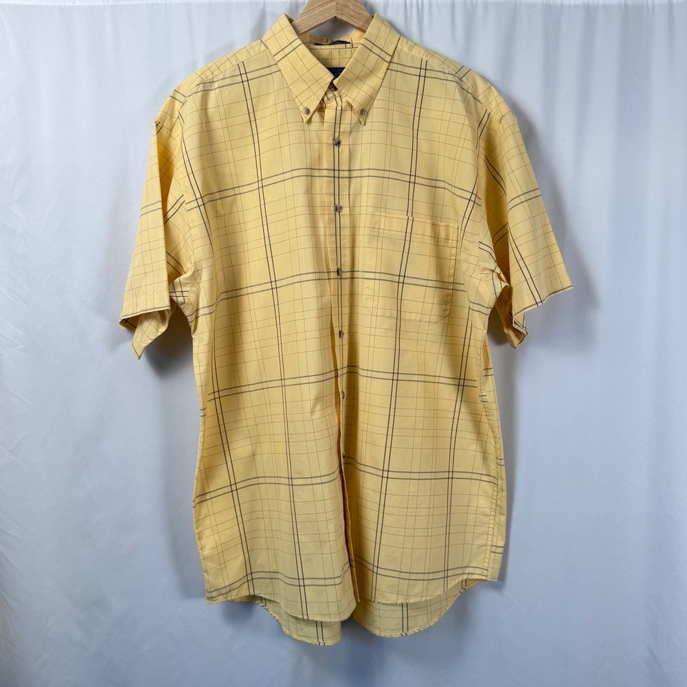 Pendleton Short Sleeve Plaid Windowpane Button Down Shirt Yellow Blue Mens L